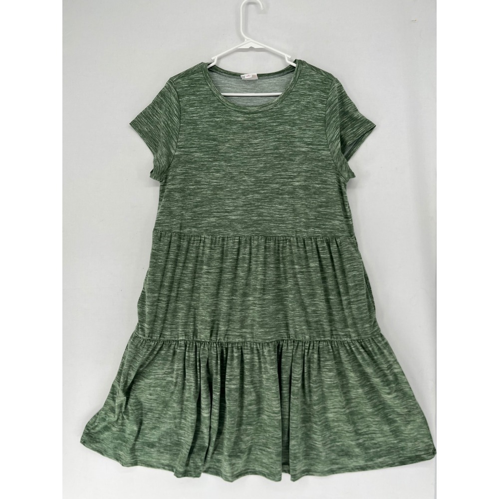 LuLaRoe Dress Womens Medium Green Space Dye Tiered Ruffle Mini Short Sleeve M